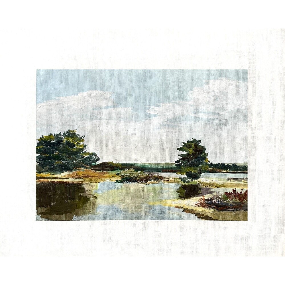 8x10 Original Landscape Oil Painting Coastal Inlet Trees Under Blue Sky Signed